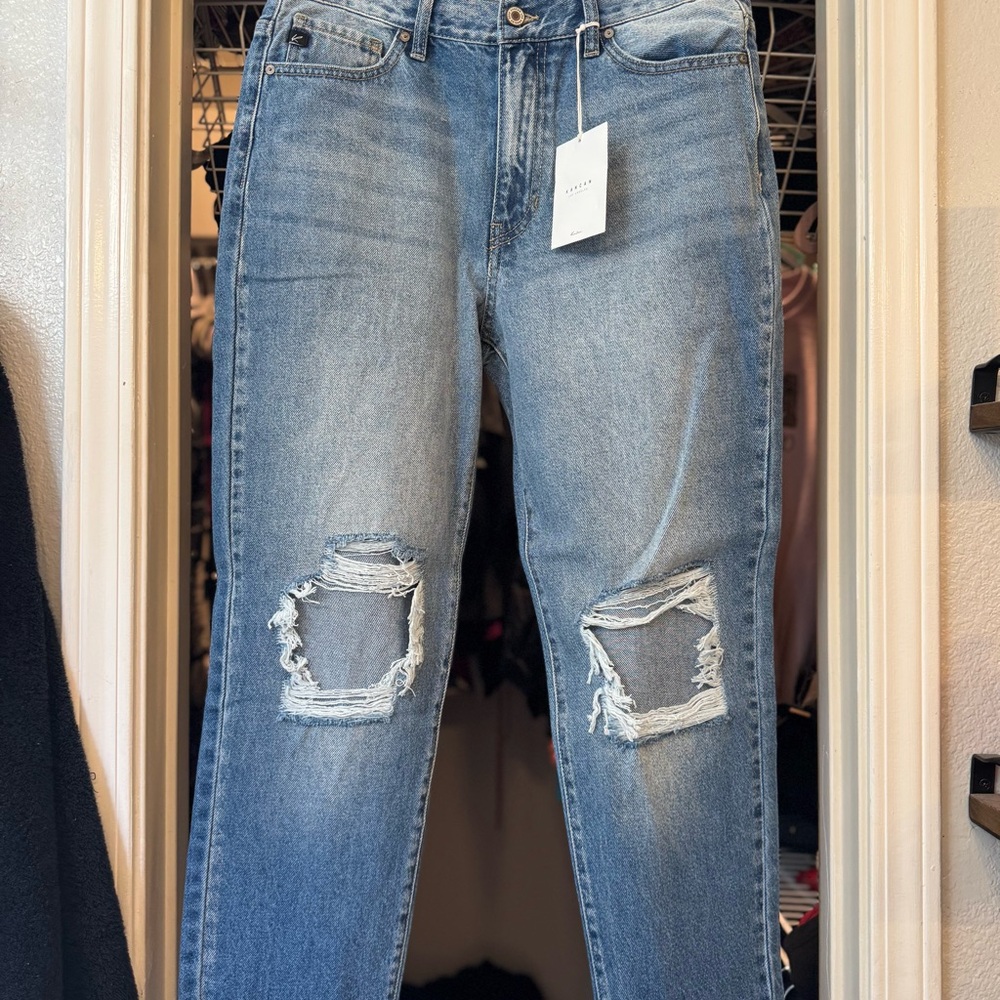 KanCan Women’s Blue Distressed Mom Jeans